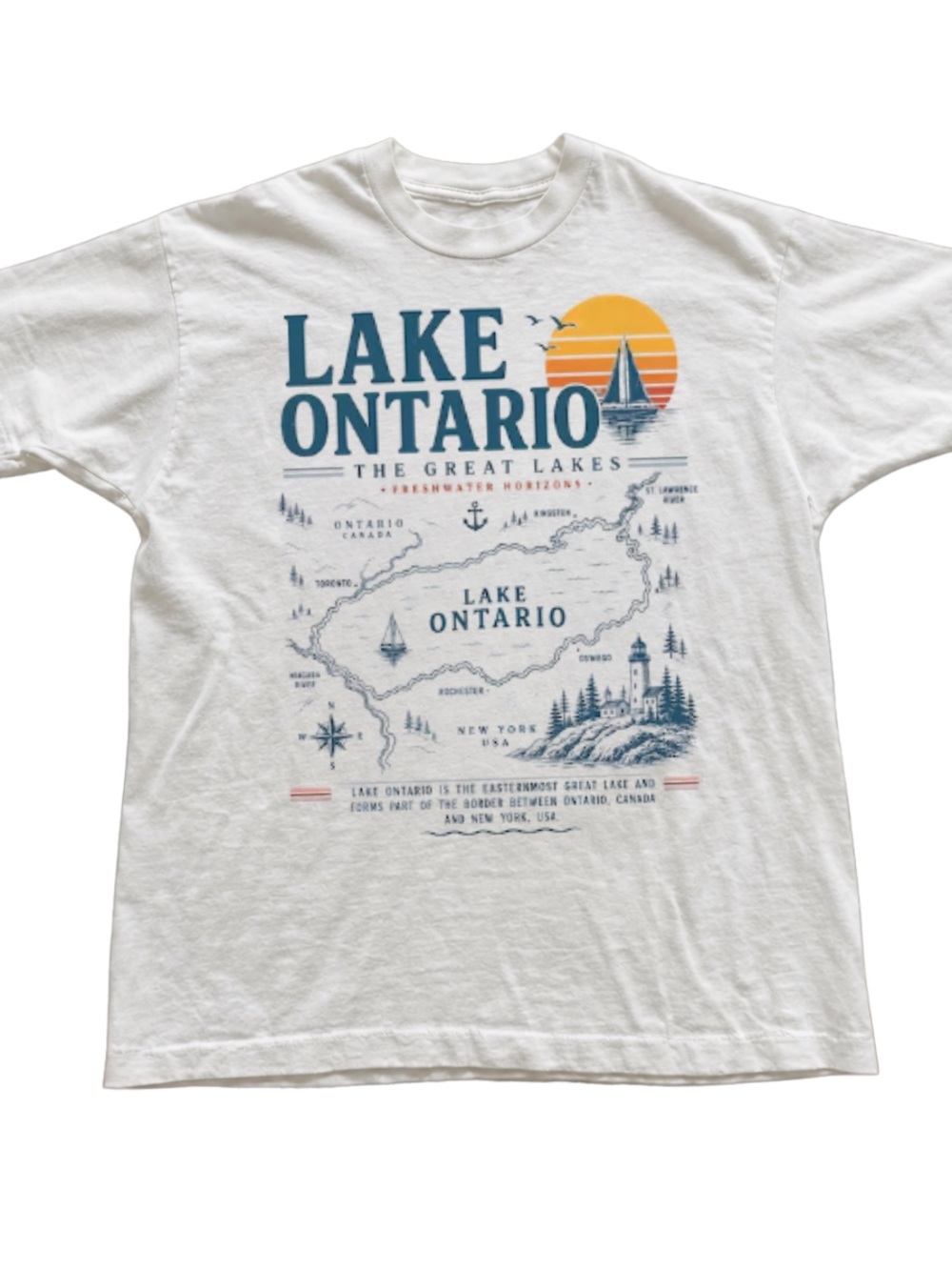 Lake Ontario Graphic Tee - White with Blue and Yellow Print
